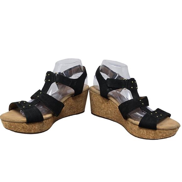Clarks Black Suede 3.5" Heels Strappy Wedge Sandals Women's 11 - Picture 7 of 10